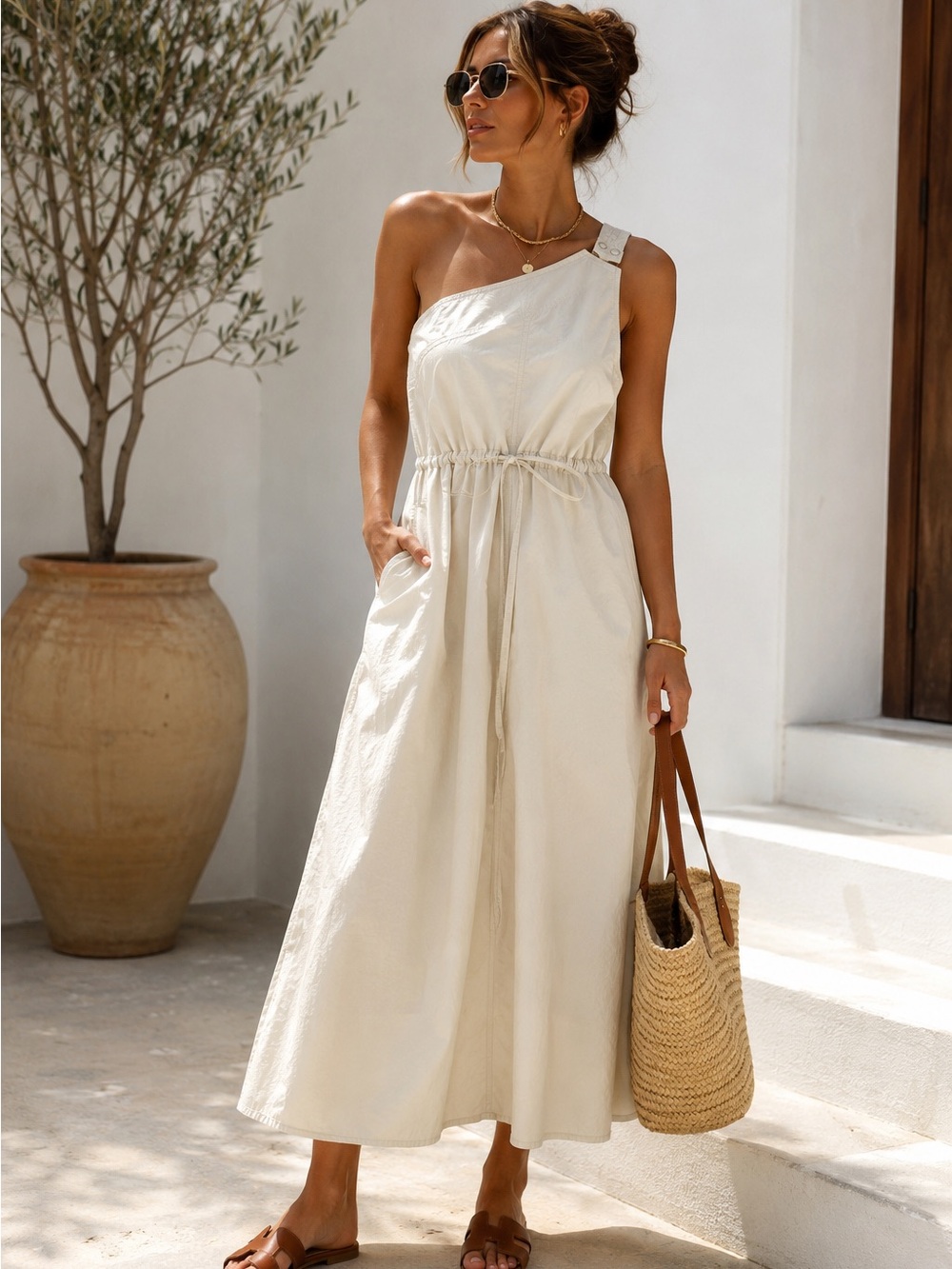 Zara Asymmetric Nylon "parachute" Midi Dress Ecru Cream Off-White - Size L